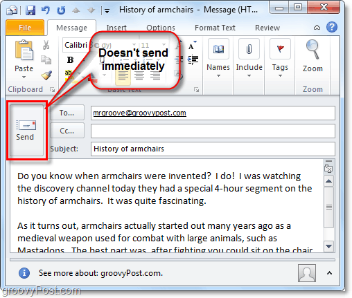 wysłanie wiadomości e-mail w programie Outlook 2010 nie oznacza, że ​​zostanie ona dostarczona natychmiast