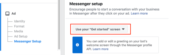 Reklamy Facebook Click to Messenger, krok 2.