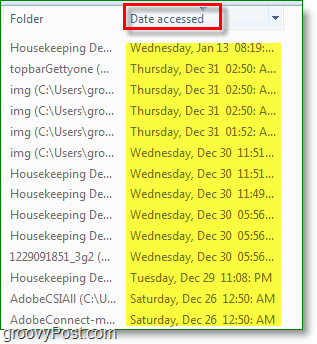 Zrzut ekranu systemu Windows 7 wykorzystujący datę dostępną w wyszukiwaniu.