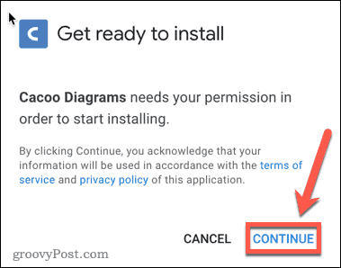 Potwierdzanie instalacji dodatku Google Docs Cacoo