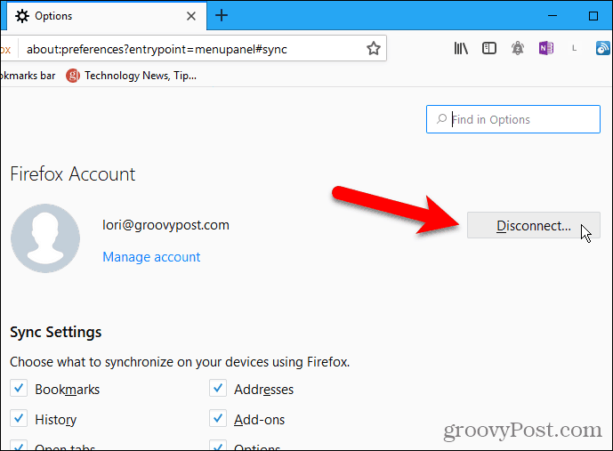 Kliknij opcję Rozłącz w przeglądarce Firefox dla systemu Windows