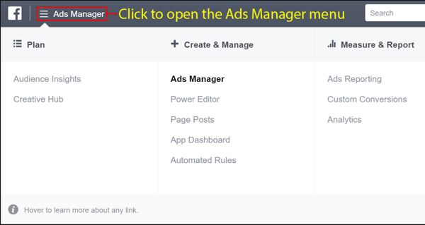 Po utworzeniu konta otwórz menu Facebook Ads Manager.