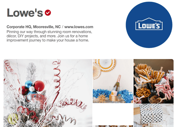 Lowe's ma przykładową wizytówkę Pinteresta, która zawiera zarówno materiały promocyjne, jak i pomocne.