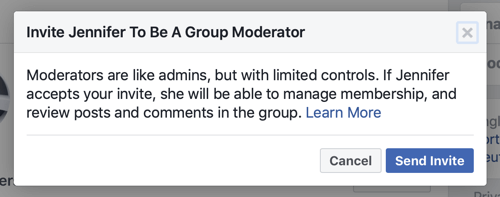 Jak ulepszyć społeczność grupy na Facebooku, przykład wiadomości na Facebooku, gdy członek zostanie wybrany na moderatora grupy