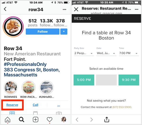 Kliknij przycisk akcji Zarezerwuj na profilu biznesowym tej restauracji na Instagramie, aby dokonać rezerwacji. 