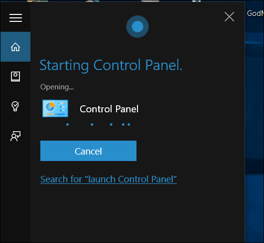 Panel sterowania Windows 10 Cortana Open
