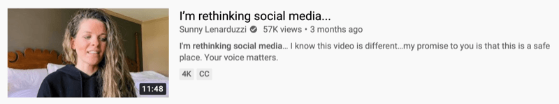 przykład wideo z YouTube autorstwa @sunnylenarduzzi: „I'm rethinking social media…”