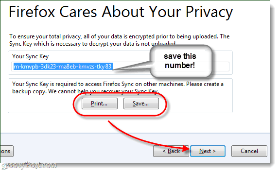 zapisz klucz synchronizacji firefox, bardzo ważne