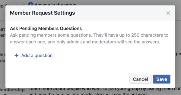 Jak ulepszyć społeczność grupy na Facebooku, przykład ustawień prośby członków grupy na Facebooku, które pozwalają na pytania nowych członków