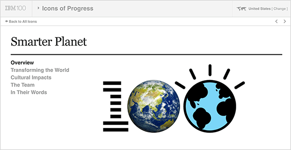 Ten obraz jest zrzutem ekranu z IBM Smarter Planet. U góry znajduje się jasnoszary pasek. Od lewej do prawej na tym pasku wyświetlane są następujące informacje: logo IBM 100, menu rozwijane Icons of Progress, Stany Zjednoczone (wskazujące kraj użytkownika). Pod szarym paskiem znajduje się biała strona ze szczegółami dotyczącymi inicjatywy. Pod nagłówkiem „Mądrzejsza planeta” znajdują się następujące opcje: przegląd, transformacja świata, wpływ na kulturę, zespół i słowami. Po prawej stronie tych opcji znajduje się duże logo 100. 1 jest w paski jak logo IBM, pierwsze zero to zdjęcie ziemi, a drugie zero to ilustracja ziemi. Kathy Klotz-Guest mówi, że IBM Smarter Planet to dobry przykład wykorzystania wspólnego opowiadania historii do opracowywania nowych pomysłów dla firmy poprzez współpracę z partnerami lub klientami.