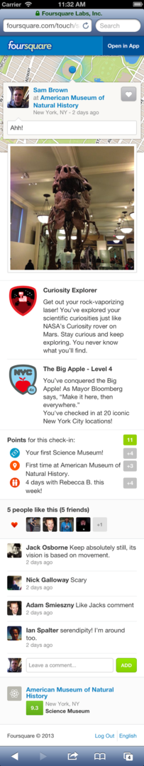 szczegóły zameldowania w systemie Foursquare