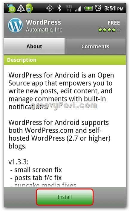 Wordpress na ekranie instalacji Androida