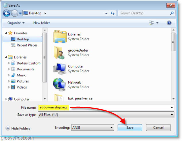 Zrzut ekranu systemu Windows 7 - zapisz jako addownership.reg