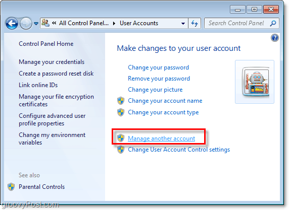 kliknij zarządzaj innym kontem na stronie konta użytkownika Windows 7