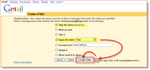 Utwórz reguły akcji filtrowania Gmaila