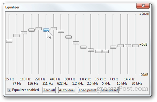 foobar2000 pręty korektora decybele dB auto poziom zapisu obciążenia zapisać