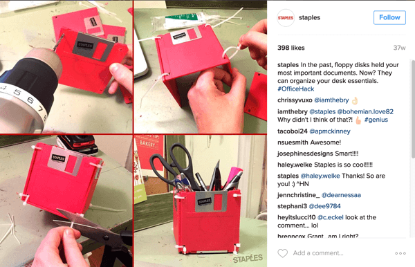 Ten kolaż zdjęć na Instagramie autorstwa Staples pokazuje sprytny sposób na zmianę przeznaczenia dyskietek na akcesorium biurkowe.