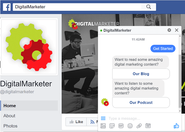 DigitalMarketer używa botów ManyChat do interakcji za pośrednictwem Facebook Messenger.