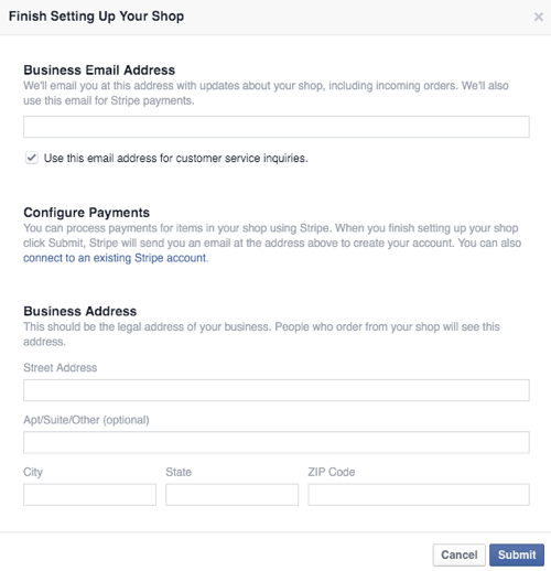 skonfiguruj biznes i szczegóły płatności w sklepie Facebook