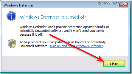 Wyłącz Windows Defender Vista