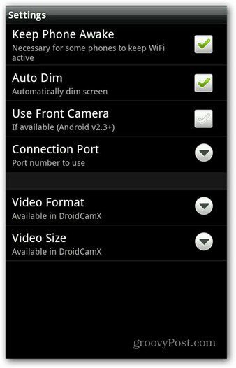 Ustawienia aplikacji DroidCam na Androida