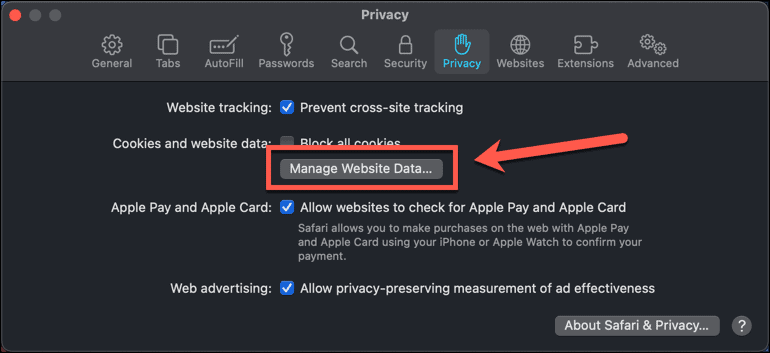 Mac Safari zarządzaj danymi