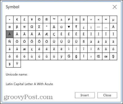 Symbole znaków akcentu w programie Word w sieci Web