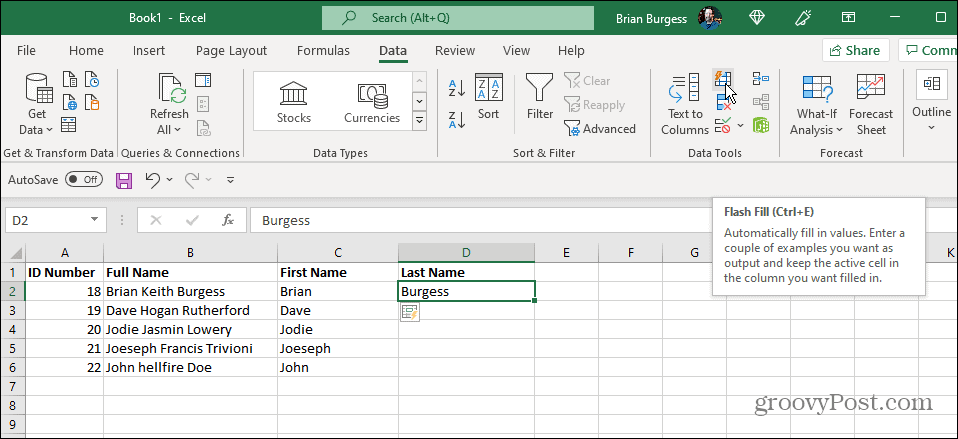 nazwisko flash fill excel