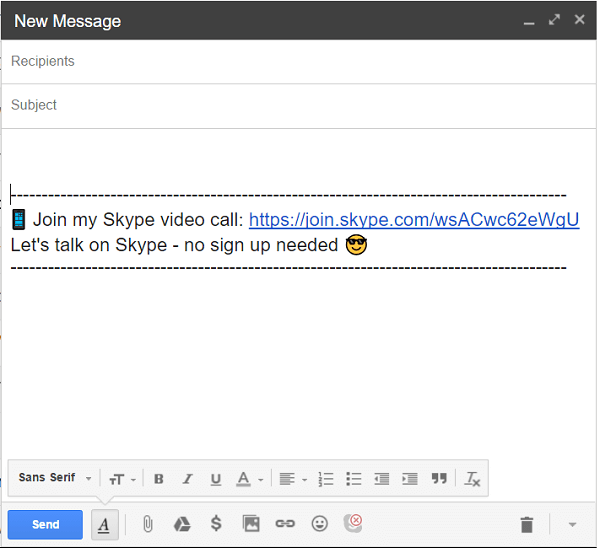 Kliknij ikonę Skype u dołu wiadomości e-mail, aby dodać łącze do rozmowy.