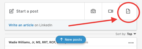 Opublikuj dokument LinkedIn, prześlij dokument do wpisu organicznego, krok 1, dodaj nową ikonę dokumentu