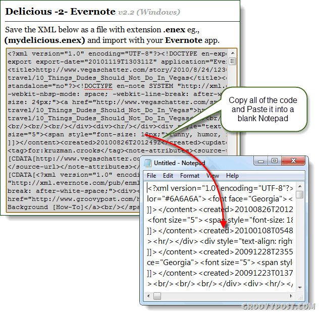 skopiuj Delicious 2 Evernote przekonwertowane XML do Notatnika