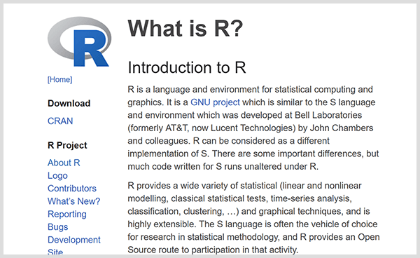 Zbuduj własne narzędzia do analizy predykcyjnej za pomocą języka programowania R. Zrzut ekranu strony internetowej wprowadzenia języka R. 