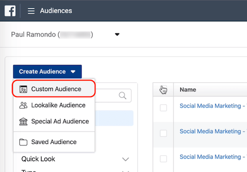 Opcja Custom Audience w Facebook Audiences