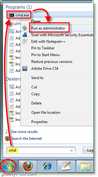 Zrzut ekranu systemu Windows 7 - uruchom cmd jako administrator