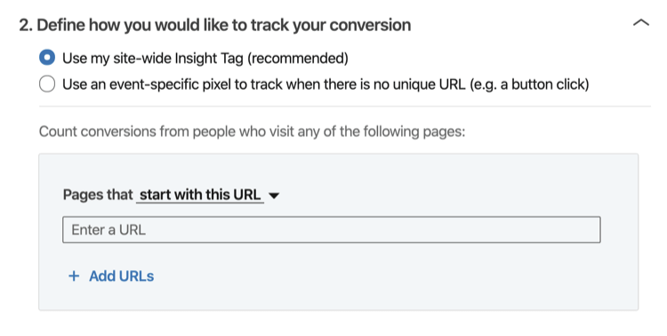 Zdefiniuj, w jaki sposób chcesz śledzić konwersję w sekcji procesu konfiguracji śledzenia konwersacji na LinkedIn