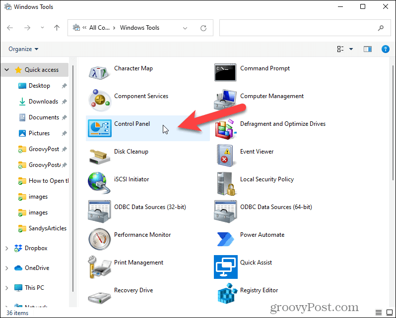 Otwórz Panel sterowania w Narzędziach systemu Windows