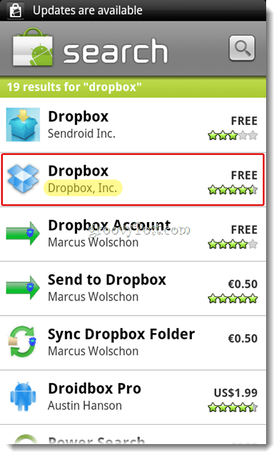 Menu wyszukiwania Dropbox na Androida