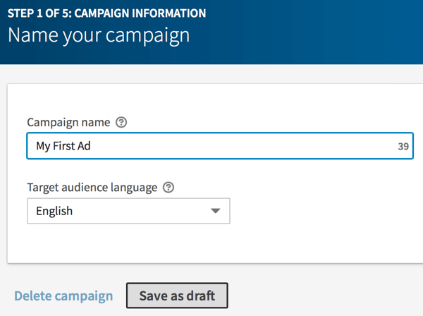 Wpisz nazwę kampanii LinkedIn i kliknij Zapisz jako wersję roboczą.