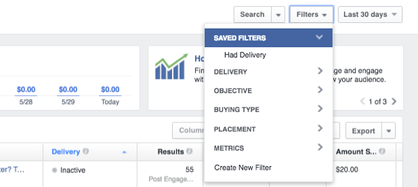 Menedżer reklam na Facebooku filtruje dane