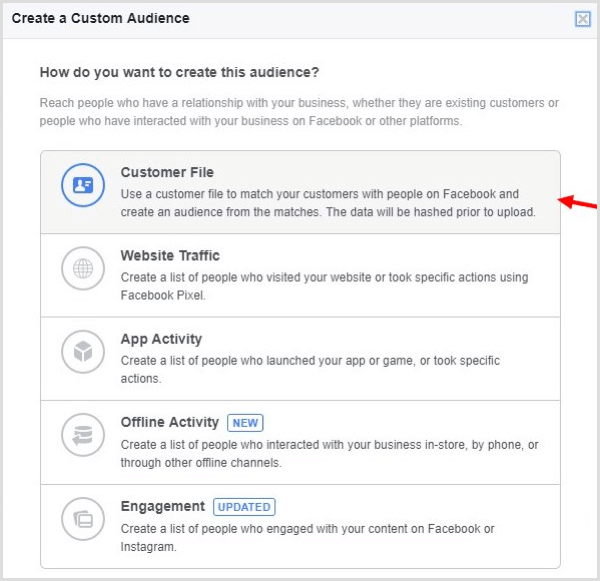 Utwórz Facebook, stwórz niestandardową grupę odbiorców na podstawie listy e-mailowej.