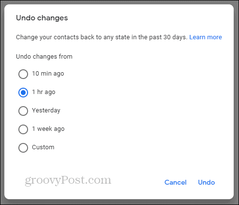 Kontakty Google Cofnij zmiany osi czasu