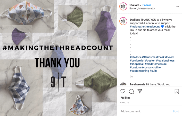 9Tailor Instagram post dotyczący sprzedaży masek