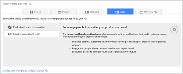 Typ kampanii Świadomość i zasięg marki w Google AdWords.