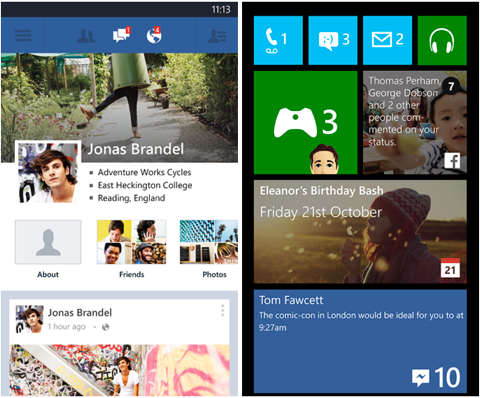 kafelki aplikacji facebook na telefon z systemem Windows