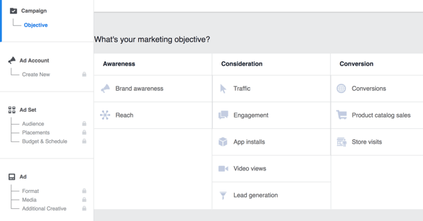 Wybierz cel swojej kampanii na Facebooku.