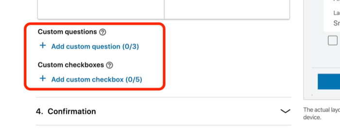 zrzut ekranu niestandardowych pytań i niestandardowych pól wyboru dla formularza generowania potencjalnych klientów w konfiguracji reklam LinkedIn
