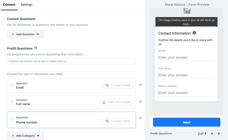 dodaj niestandardowe pytania do formularza generowania leadów na Facebooku