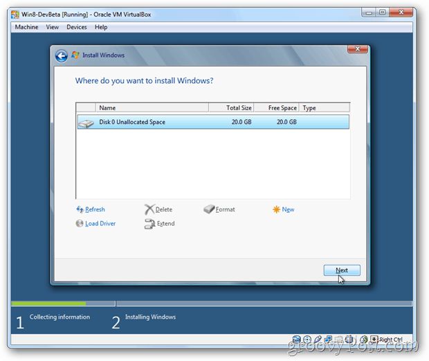 VirtualBox Windows 8 wybierz dysk do instalacji