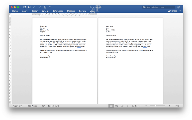 Microsoft Word dla korespondencji seryjnej Mac - podgląd wydruku