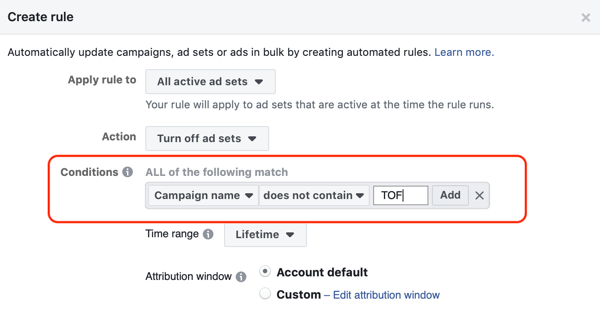 Użyj automatycznych reguł Facebooka, zatrzymaj ustawianie reklam, gdy ROAS spadnie poniżej minimum, krok 2, ustal warunki